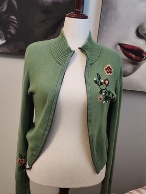 Vintage 90s Mossimo Supply Co. Green Floral Embroidered Zip Cardigan Size XL